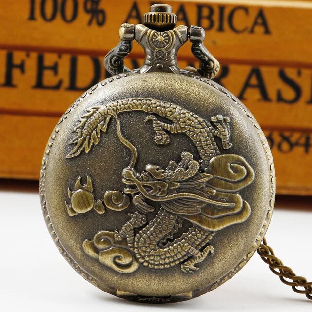 Retro Chinese Style Double Dragons Playing with Beads Quartz Pocket Watch With Chain Necklace Pendant Fob Watches