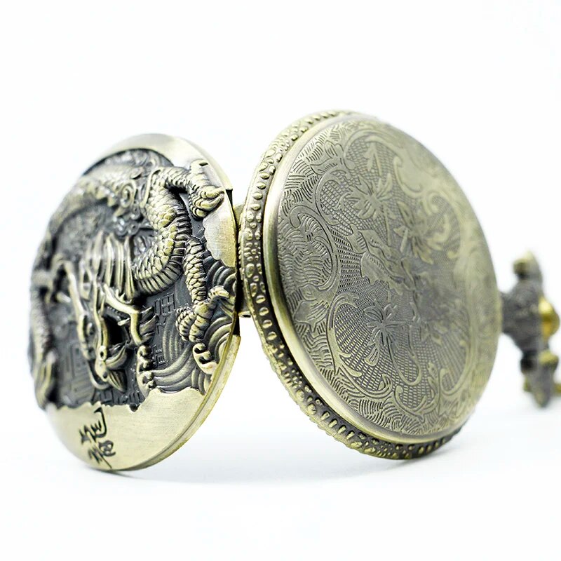 Vintage Bronze Chinese Style Dragon Design Quartz Pocket Watch With Necklace Chain Best Gift CF1039