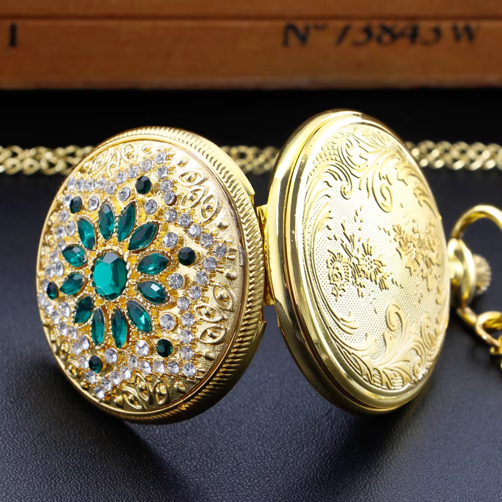 Gold Diamond Fashion Quartz Pocket Watch Retro Women's Jewelry Chain Necklace Birthday Timepiece Anniversary Gift