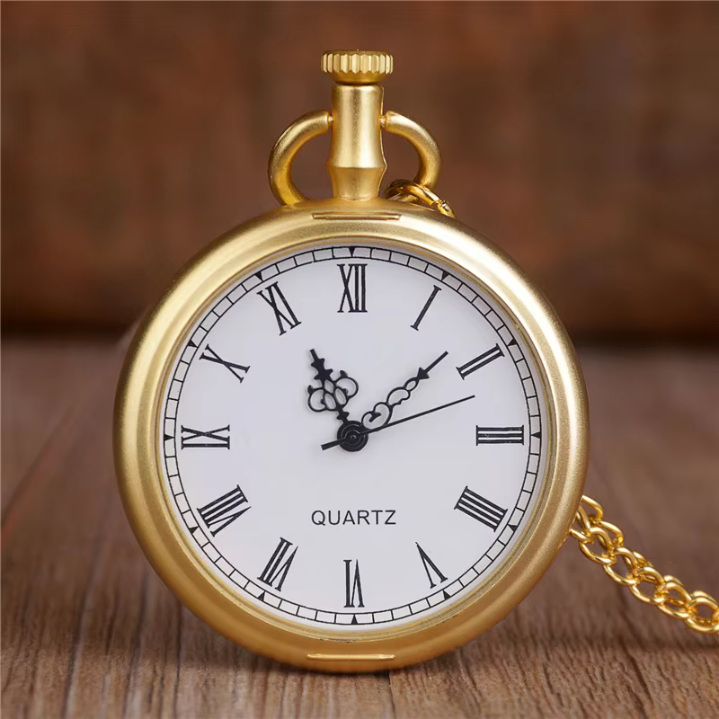 simple uncovered quartz pocket watch fashion gold necklace clock white dial Roman numeral pocket watch