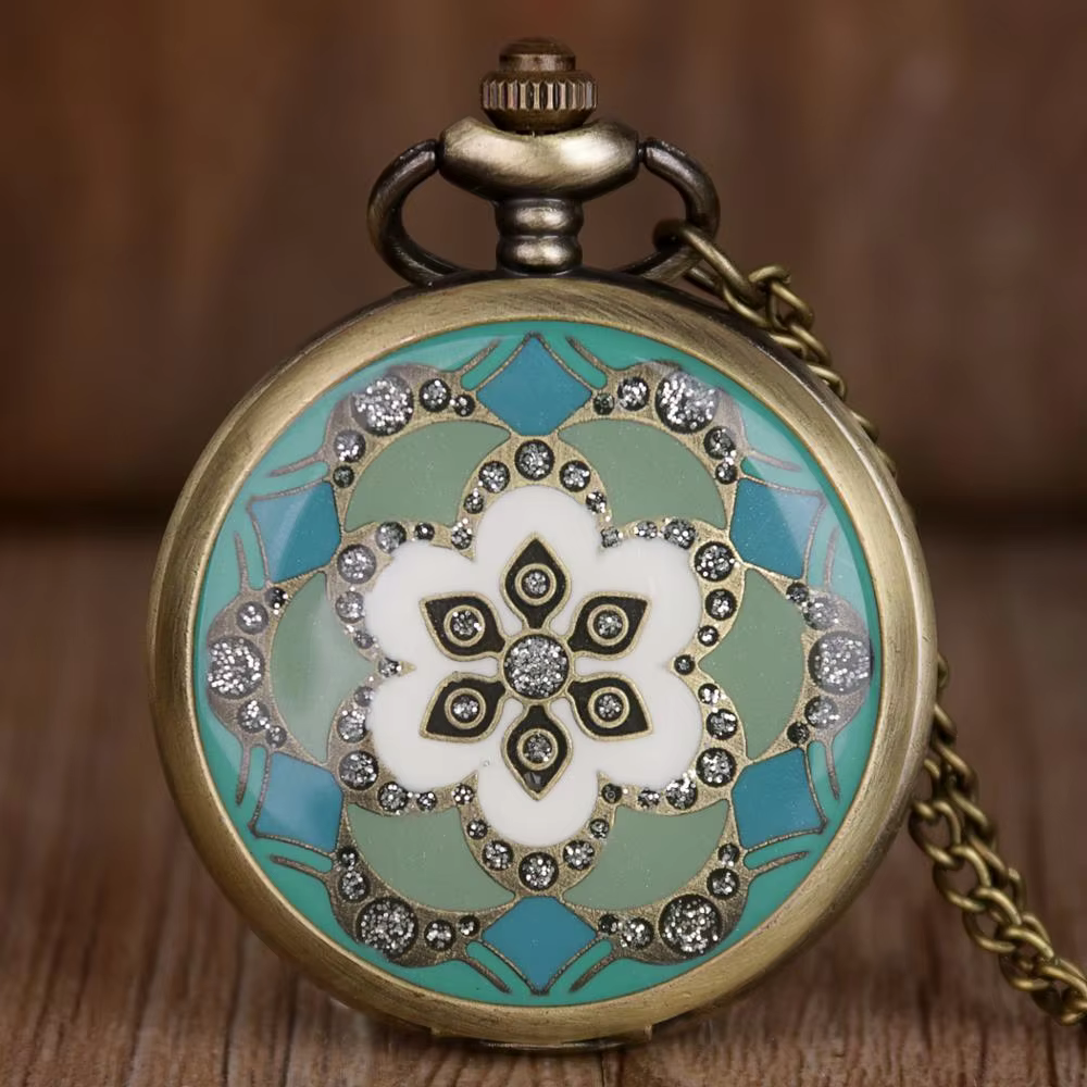 Bronze Pocket Watch Flower Display Men Women Quartz Fob Watches Ladies Best Gifts With Chain