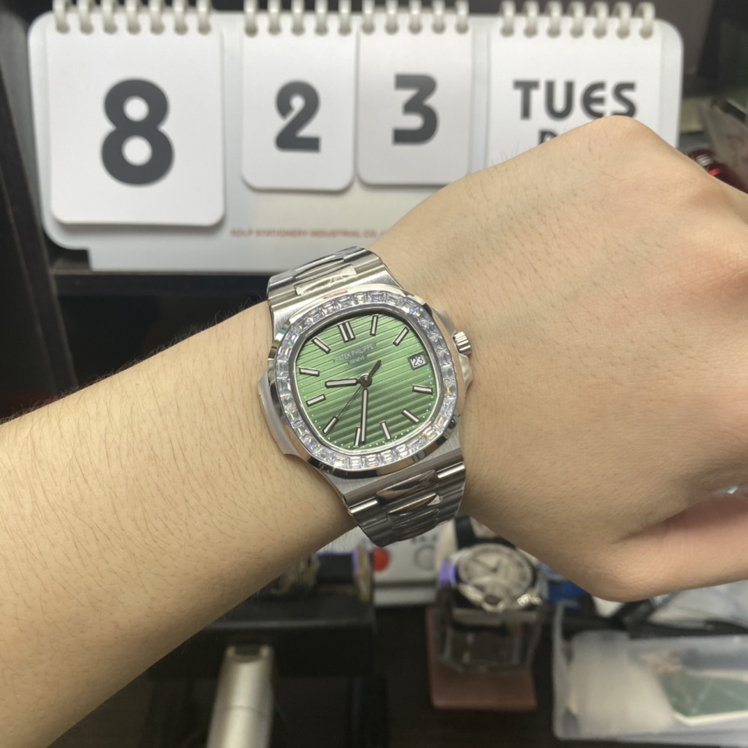 Patek Philippe Nautilus series 57111300A-001, Olive Green Dial with Square Diamond Bezel, 40mm Size.