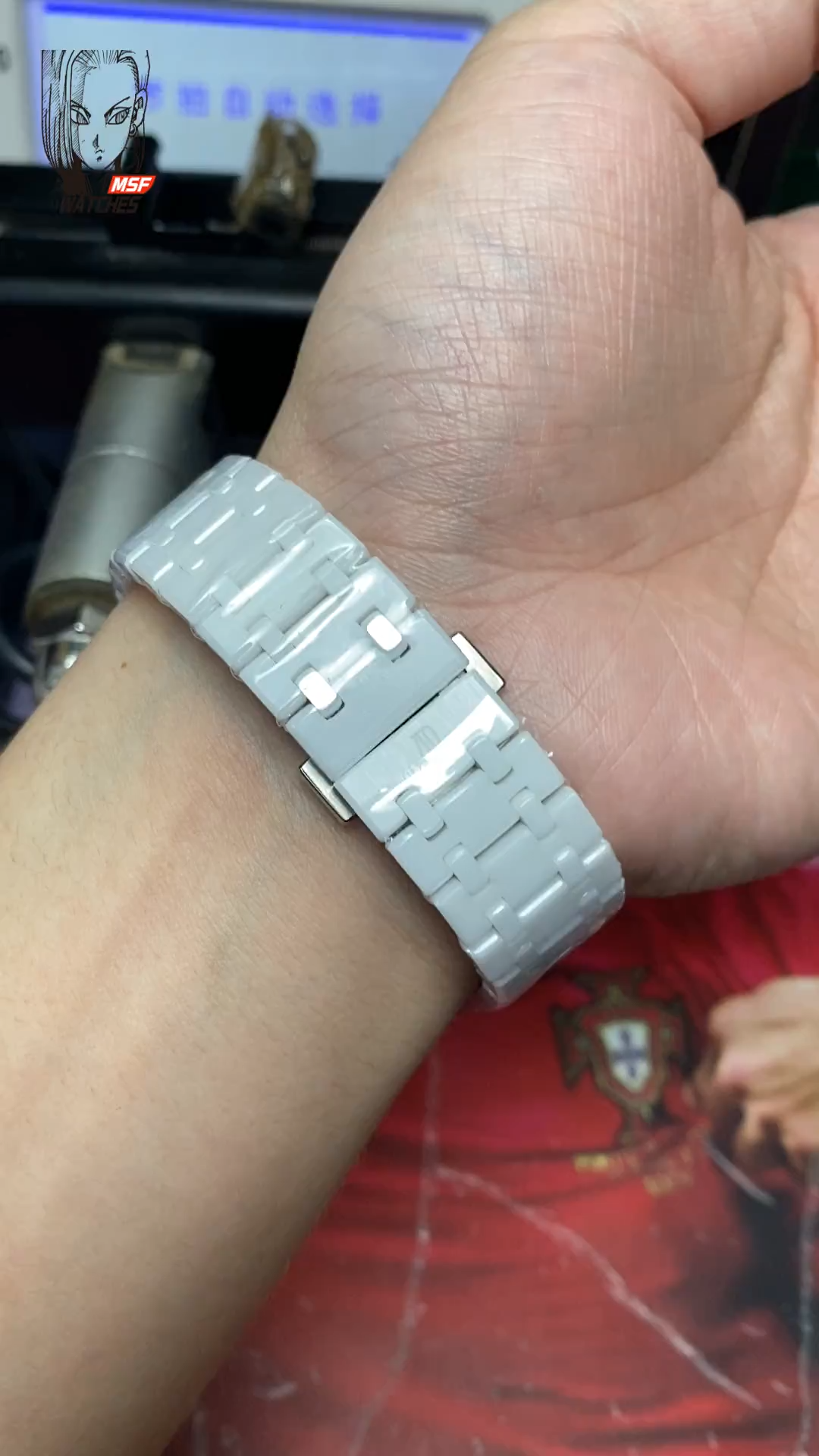 Audemars Piguet Royal Oak Offshore Series 26579CB.OO.1225CB.01, White Ceramic Blue Dial Full Ceramic Case Complete, Date Day Month Moon Phase Functions, 41mm size.