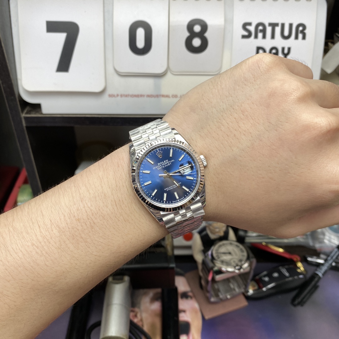 Rolex Datejust Series m126234-0017, Blue Dial with Fluted Bezel, 36mm size, Jubilee stainless steel bracelet.