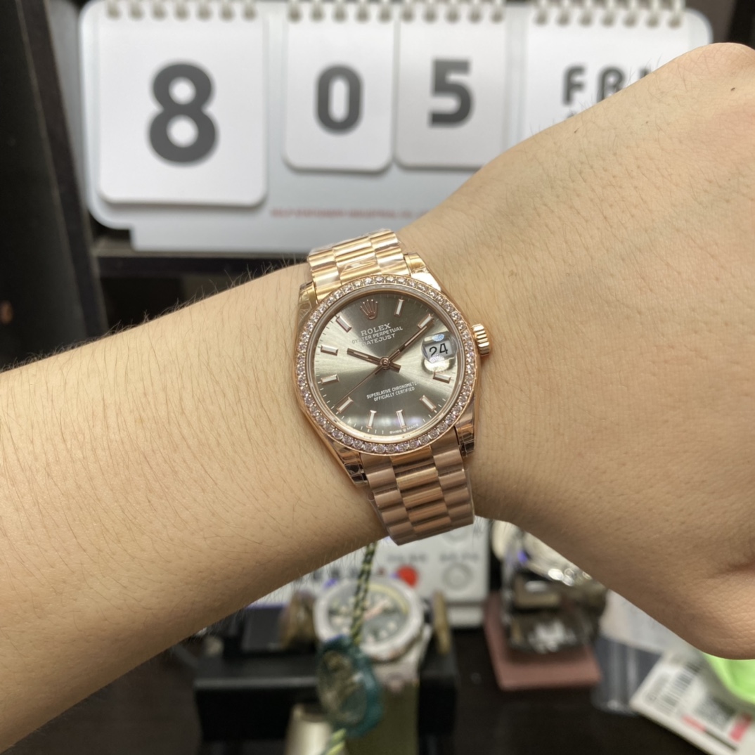 Rolex Datejust Series m279135rbr-0025, Rose Gold Case Grey Dial with Diamond Bezel, 28mm size.