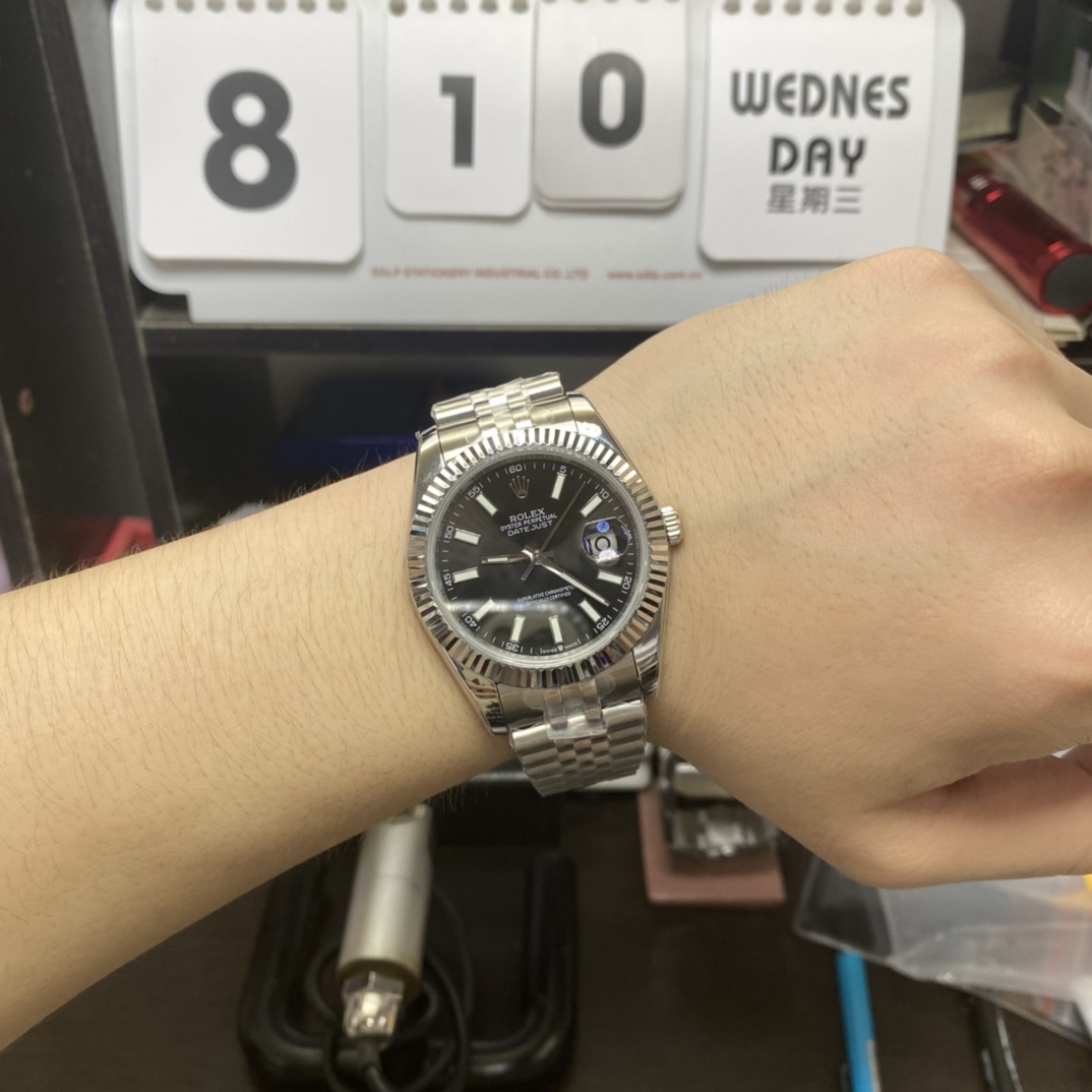 Rolex Datejust Series m126334-0018, Black Dial with Stick Hour Markers, 41mm size, Jubilee stainless steel bracelet.