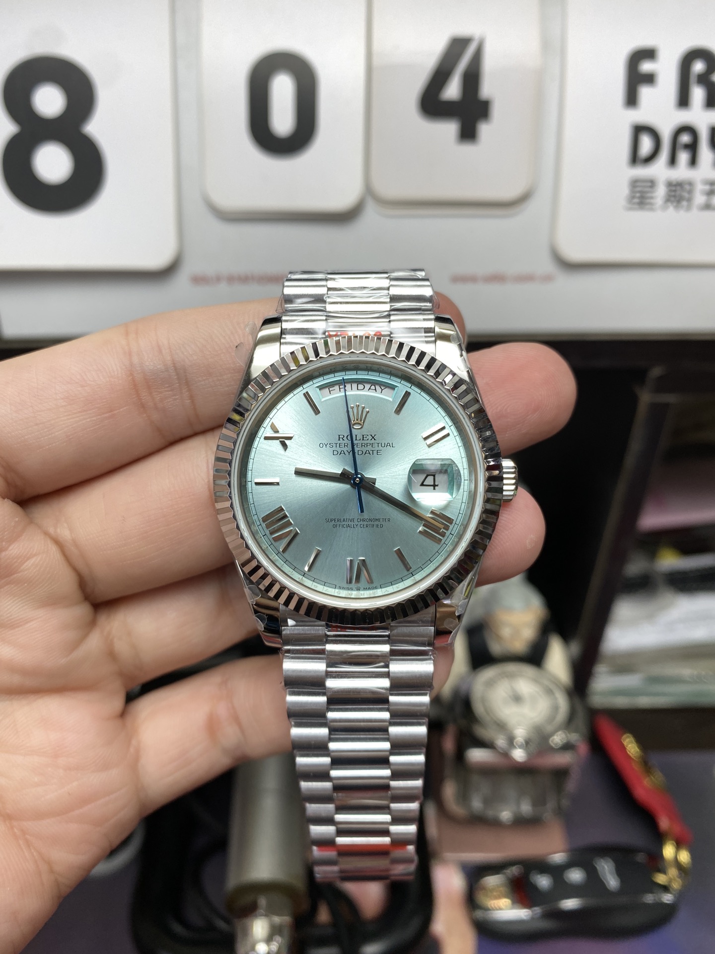 Rolex Day-Date series M228236-0012, Ice Blue Dial Roman Numeral Hour Markers, Day-Date Functions, 40mm Size.