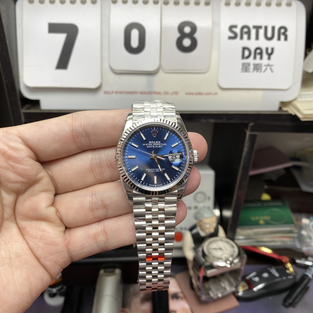 Rolex Datejust Series m126234-0017, Blue Dial with Fluted Bezel, 36mm size, Jubilee stainless steel bracelet.
