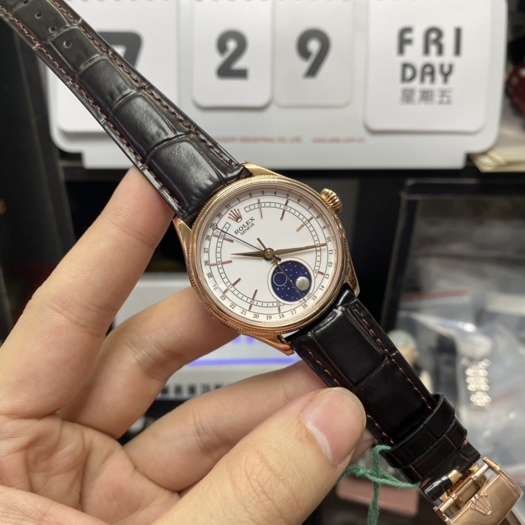 Rolex Cellini Series m50535-0002, Moonphase Watch with a White Dial Rose Gold Case Meteorite Moonphase, 39mm Size.