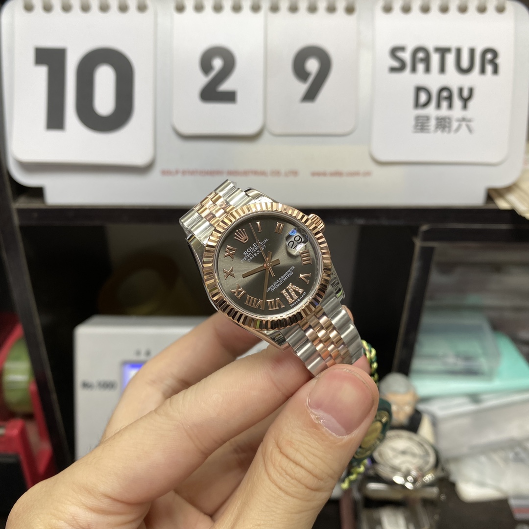 Rolex Datejust Series m278271-0030, Rose Gold and Gray Dial five-bead chain stainless steel bracelet, 31mm size.