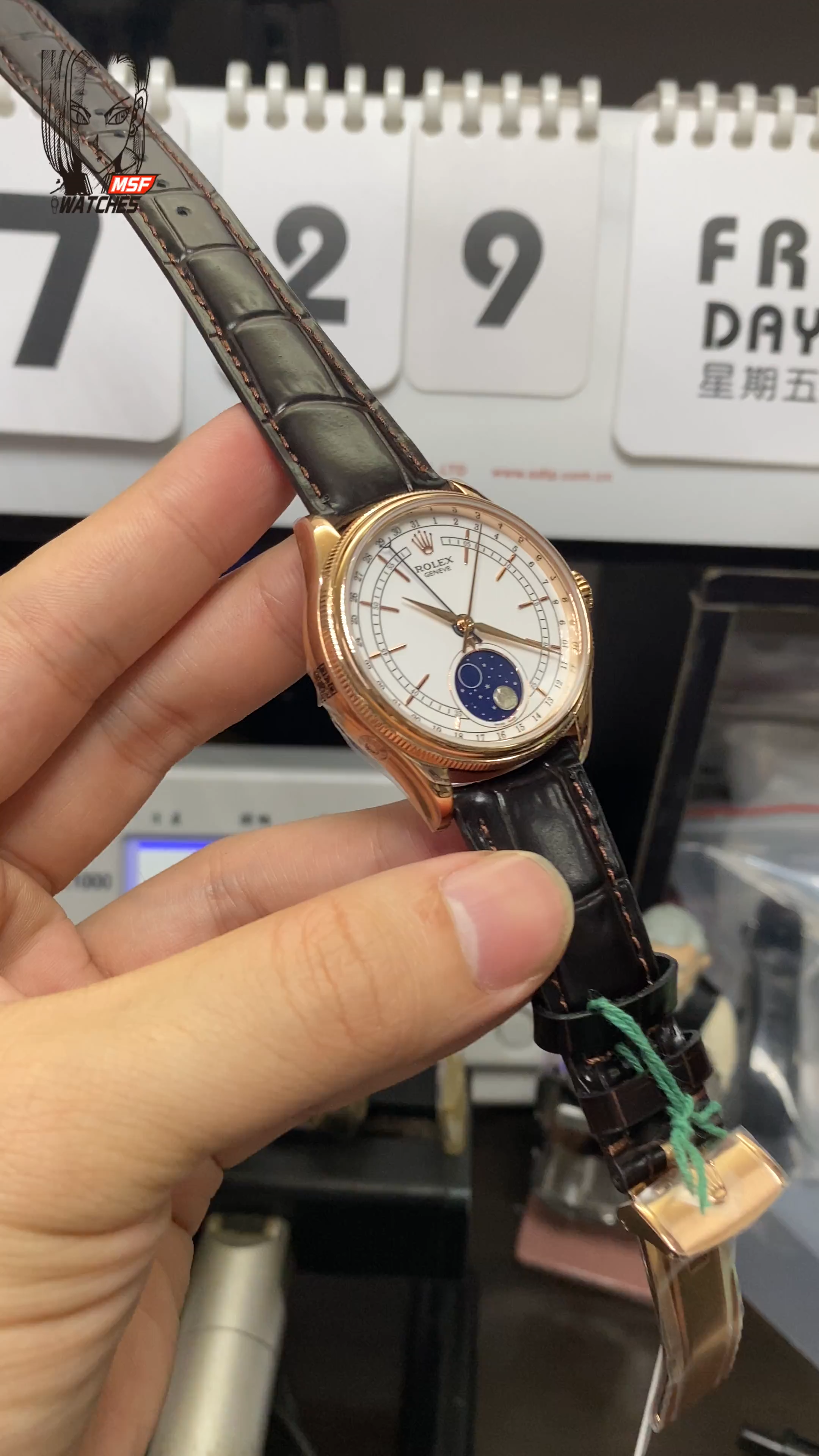 Rolex Cellini Series m50535-0002, Moonphase Watch with a White Dial Rose Gold Case Meteorite Moonphase, 39mm Size.