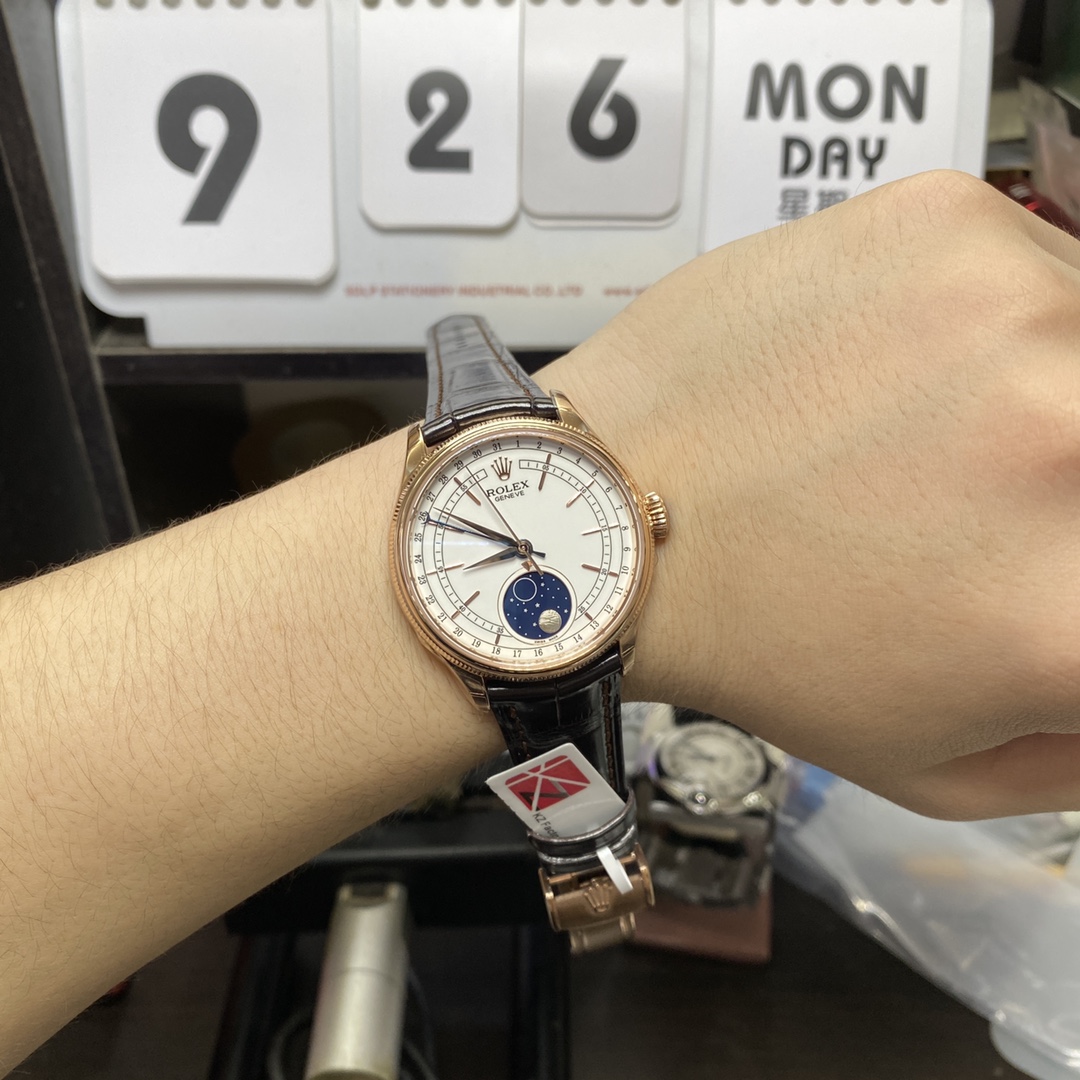 Rolex Cellini Series m50535-0002, Moonphase Watch with a White Dial Rose Gold Case Meteorite Moonphase, 39mm Size.