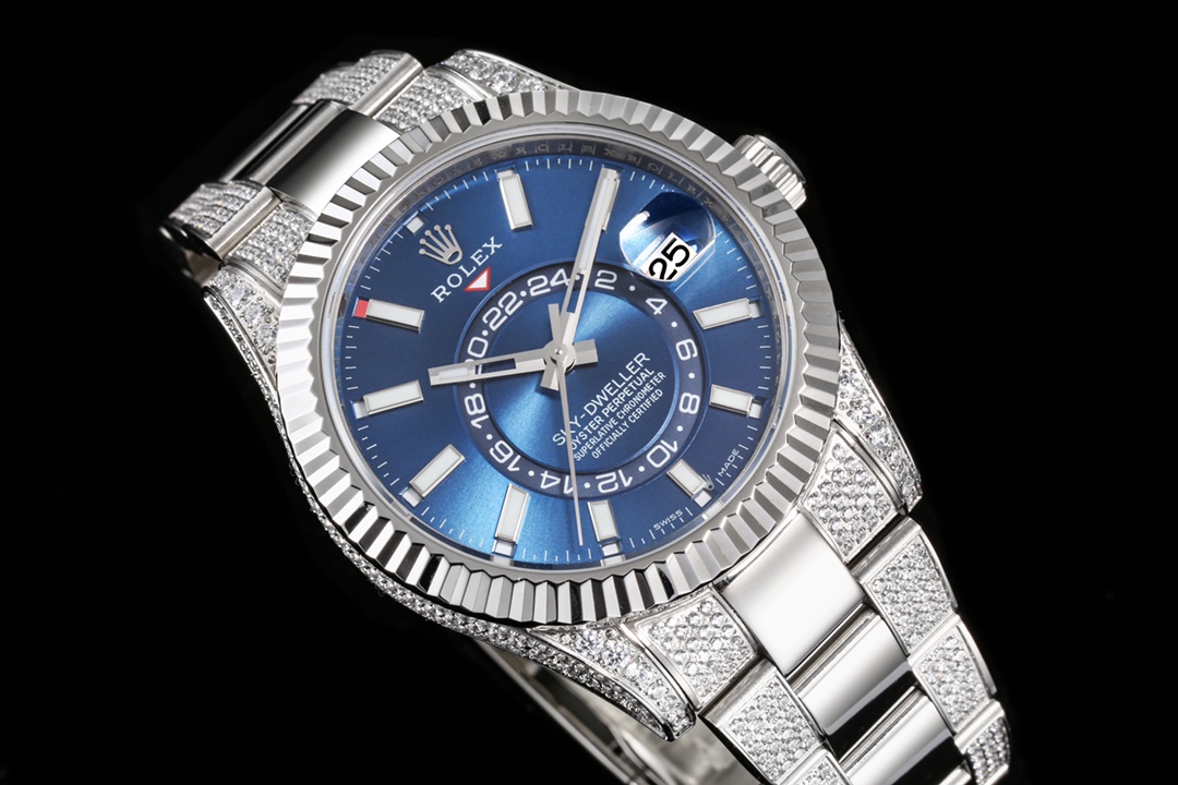Rolex SKY-DWELLER series Black/BLUE Dial, FULL diamond case,  ,Month Date and GMT Dual Time Zone Functions, 42mm Size.