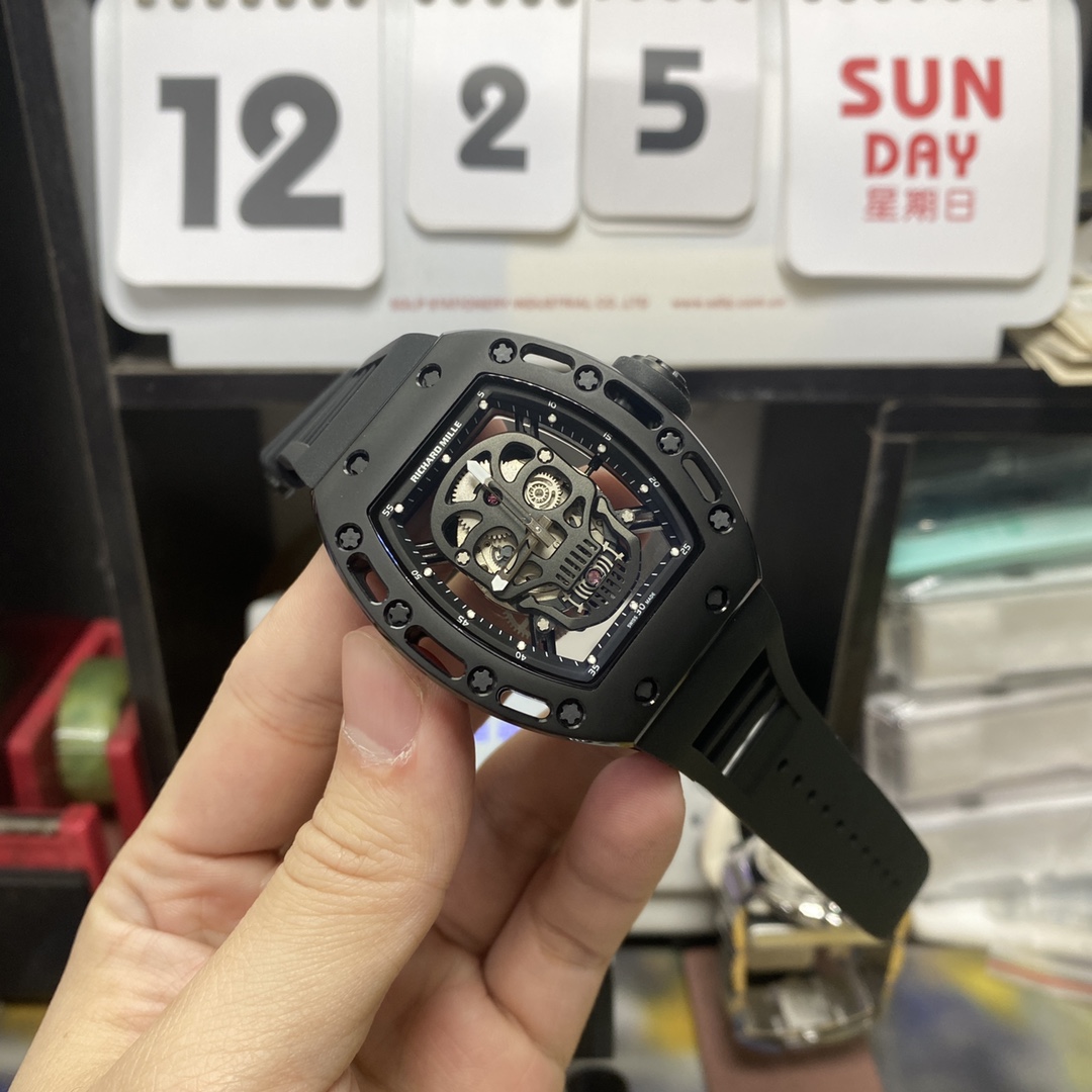 Richard Mille Men's Collection series RM052, Skull Design Black Case Rubber Strap, 42.7×50mm size.