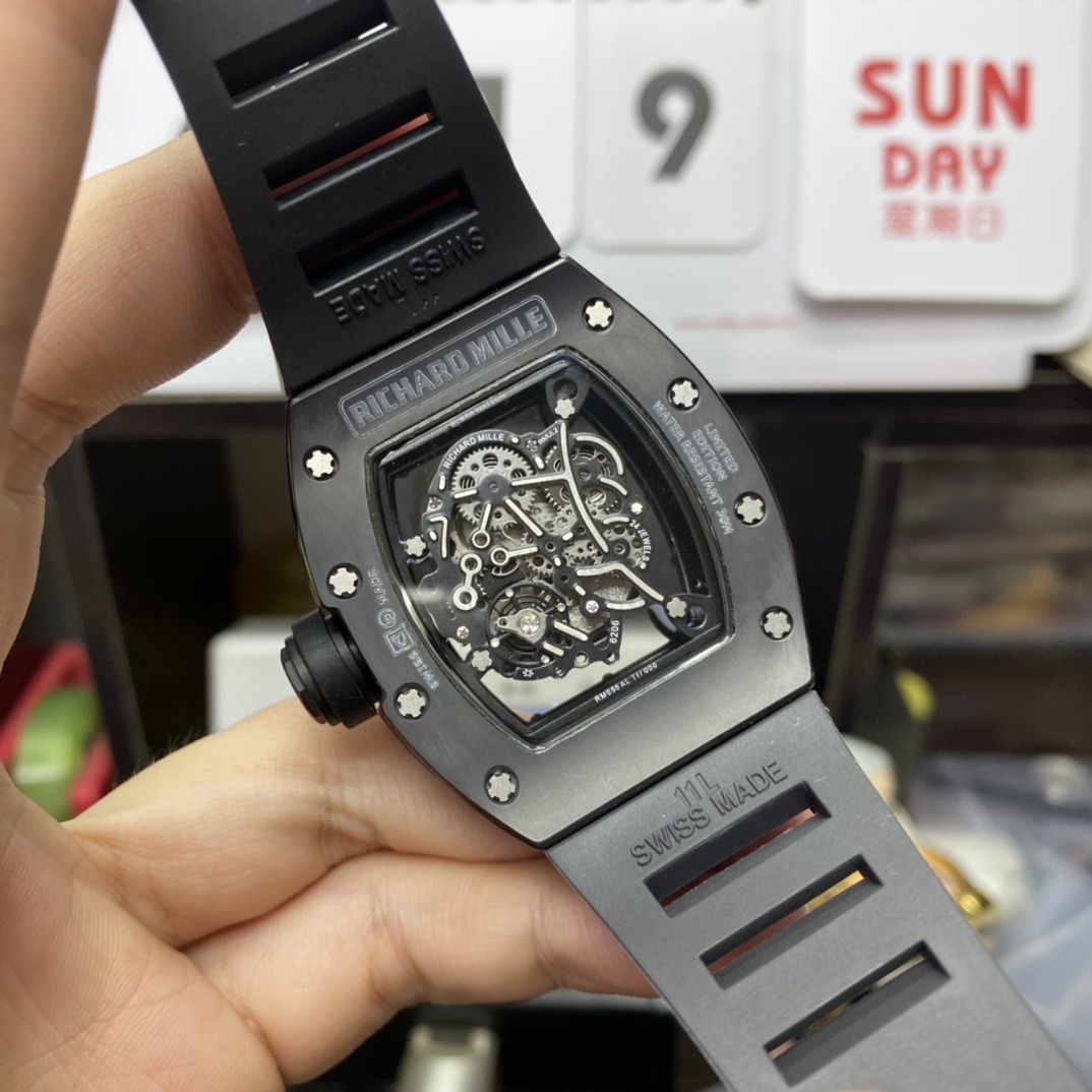 Richard Mille Men's Collection series RM055, Black Ceramic Case with Skeletonized Movement Design, 49.90 x 42.70mm size.