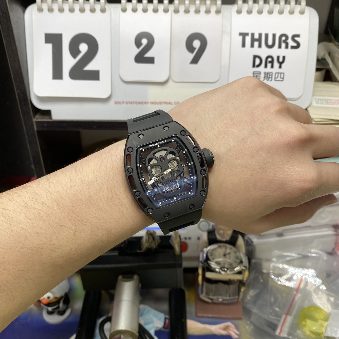 Richard Mille Men's Collection series RM052, Skull Design Black Case Rubber Strap, 42.7×50mm size.