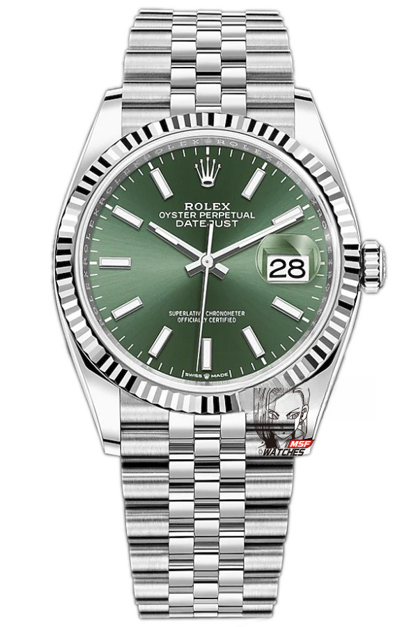 Rolex Datejust series m126234-0051, Mint Green Dial and Five-Link Stainless Steel Bracelet Variant, 36mm size.