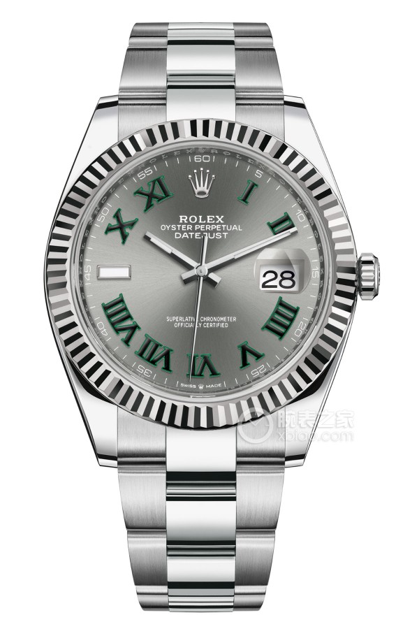 Rolex Datejust series m126334-0021, Grey Dial Green Roman Numerals, 41mm size. Oyster strap