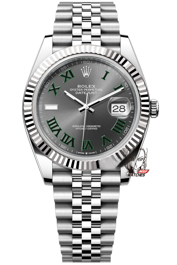 Rolex Datejust Series m126334-0022, Grey Dial with Green Roman Numerals Five-Link Stainless Steel Bracele, 41mm Size.