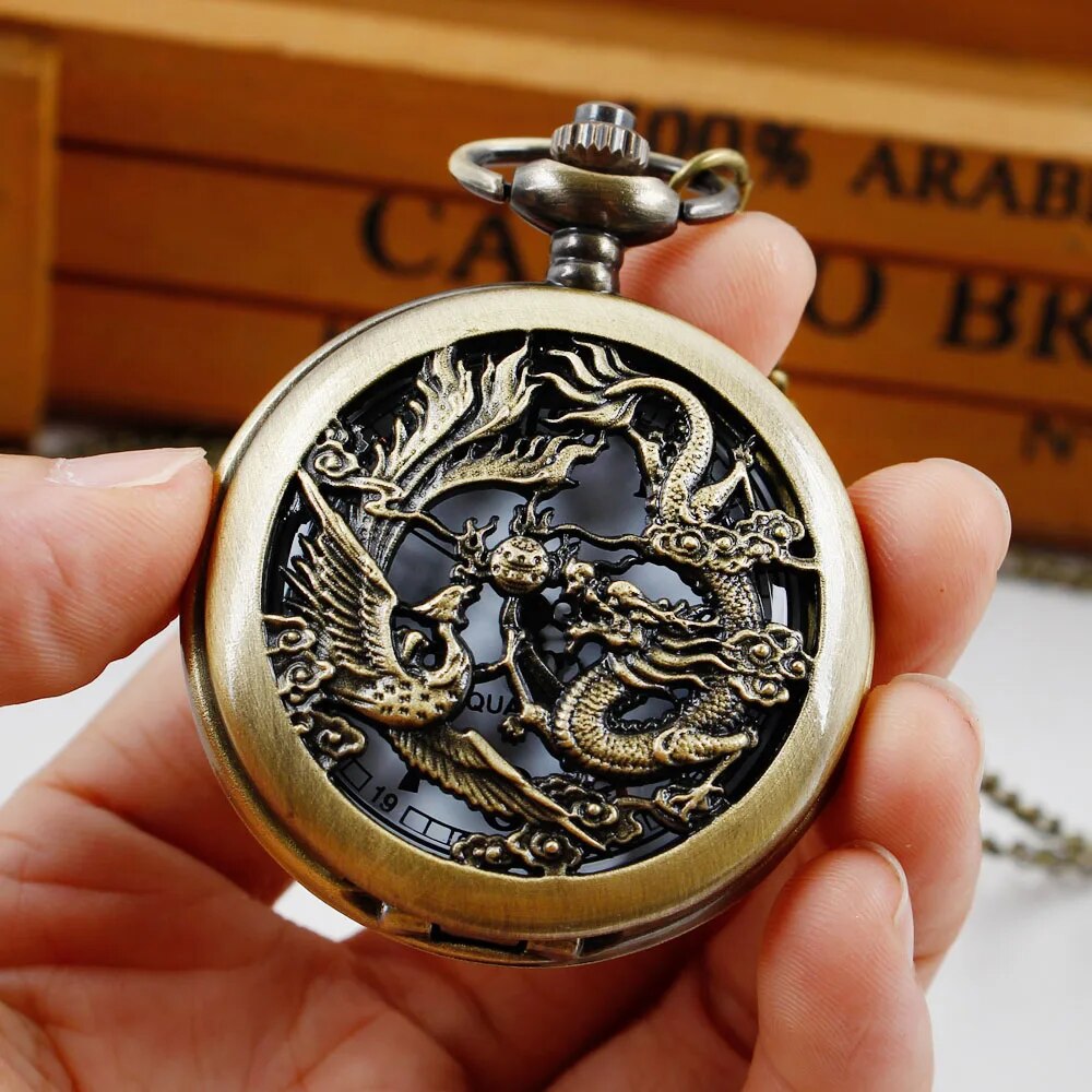 Retro Chinese Style Double Dragons Playing with Beads Quartz Pocket Watch With Chain Necklace Pendant Fob Watches
