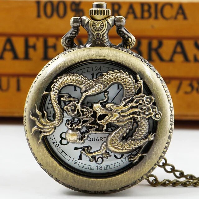 Retro Chinese Style Double Dragons Playing with Beads Quartz Pocket Watch With Chain Necklace Pendant Fob Watches
