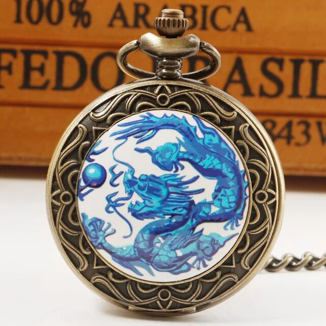 Retro Chinese Style Double Dragons Playing with Beads Quartz Pocket Watch With Chain Necklace Pendant Fob Watches