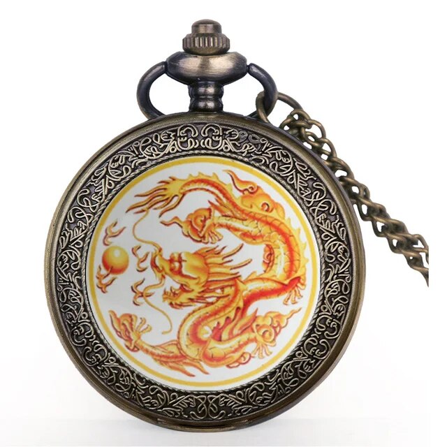 Vintage Bronze Chinese Style Dragon Design Quartz Pocket Watch With Necklace Chain Best Gift CF1039