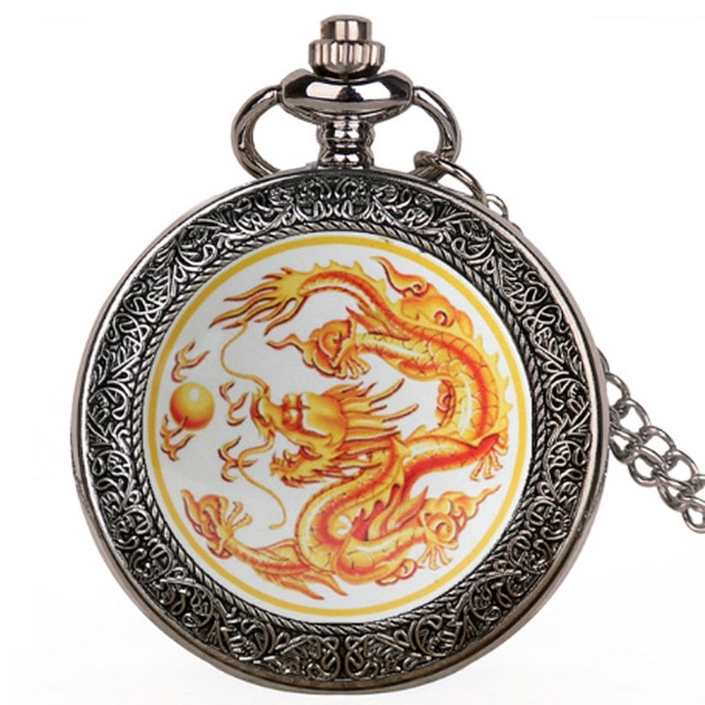 Vintage Bronze Chinese Style Dragon Design Quartz Pocket Watch With Necklace Chain Best Gift CF1039