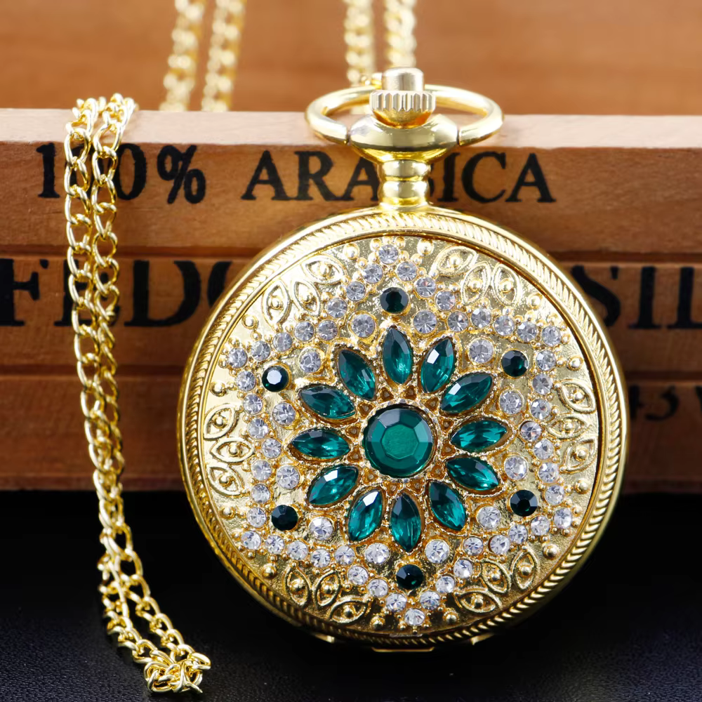 Gold Diamond Fashion Quartz Pocket Watch Retro Women's Jewelry Chain Necklace Birthday Timepiece Anniversary Gift