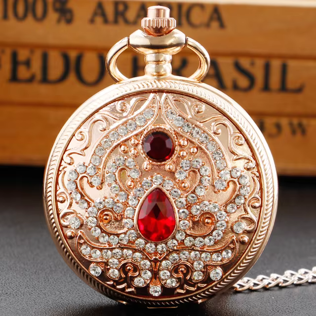 Gold Diamond Design Fashion Quartz Pocket Watch Women's Retro Jewelry Necklace Birthday Timepiece Anniversary Gift XH1007
