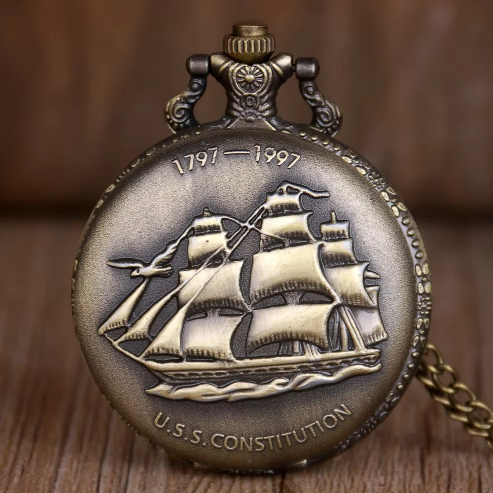 Bronze Vintage Military Series U.S Navy USS Constitution Sail Frigate Quartz Pocket Watch FOB Chain Watch 1797-1997