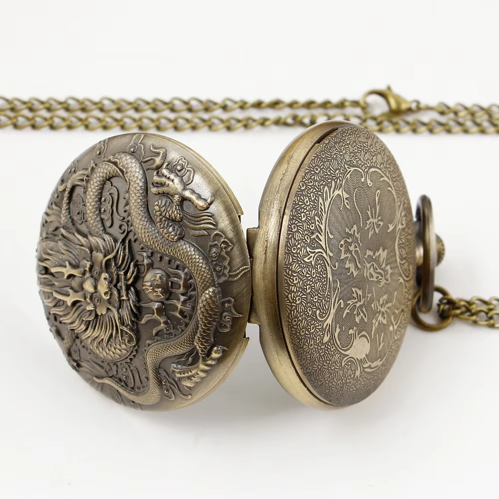 Dominant Cool Chinoiserie Dragon Pocket Watch Mens Vintage Necklace Quartz Pocket FOB Watch Exquisite Gift